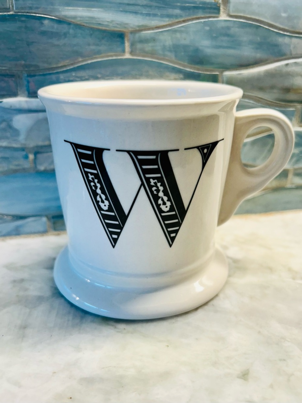 Anthropologie W Cream Ceramic Monogram Mug with Black Vintage Lettering Initial